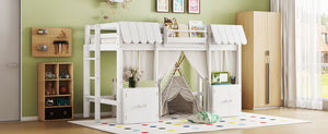 English Elm Twin Loft Bed Cottage-Style Playhouse with Built-In Bookshelf, Curtain & Storage, Safe Guardrails White W1580S00355