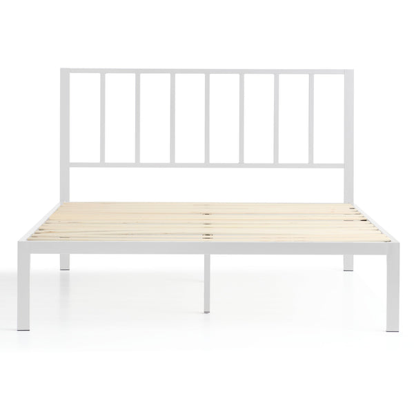 English Elm Metal Platform Bed King White with Vertical Bar Headboard, Powder-Coated Steel Frame, Wood Slats, Sturdy Support B350P394568