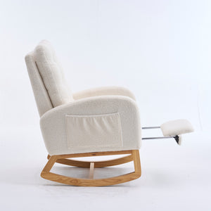 English Elm LY-5104 Plush High-Back Rocking Chair with Footrest & Storage Pocket, Ergonomic Foam Cushion for Nursery Beige+White W2231P292976