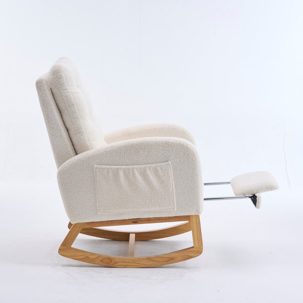 English Elm LY-5104 Plush High-Back Rocking Chair with Footrest & Storage Pocket, Ergonomic Foam Cushion for Nursery Beige+White W2231P292976
