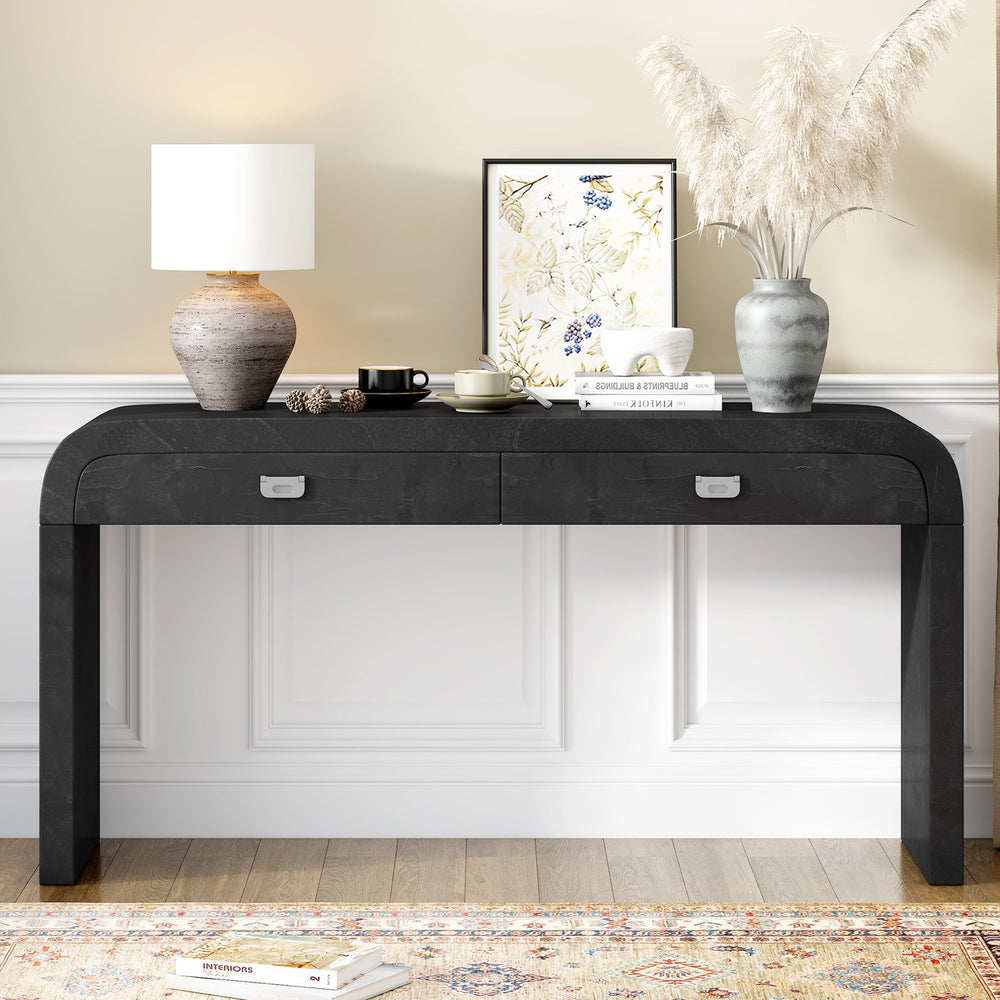 English Elm U_style Burl Veneer Console Table with Two Drawers for Foyer Living Room Hallway N711P216235B