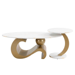 English Elm Modern Nesting Coffee Table Set - Stylish Oval & Round Side Tables With Golden Metal Frame, Chic Design W821S00001-GIGA