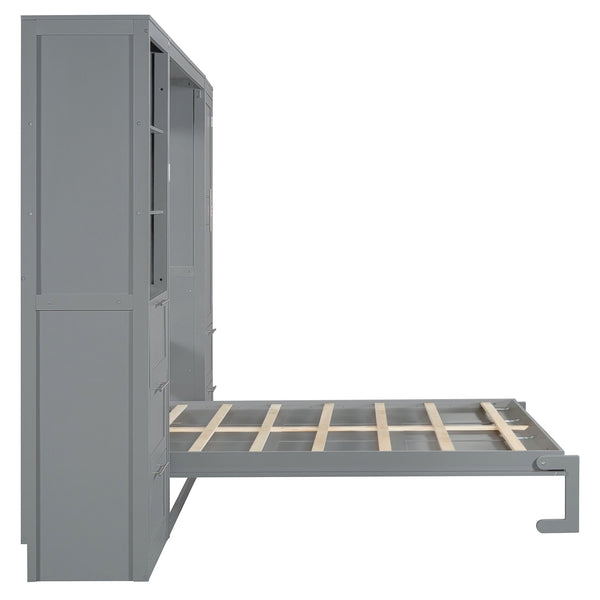 English Elm Queen Murphy Wall Bed with Wardrobe Drawers and Shelves for Studio or Guest Room Gray LP000865AAE-2