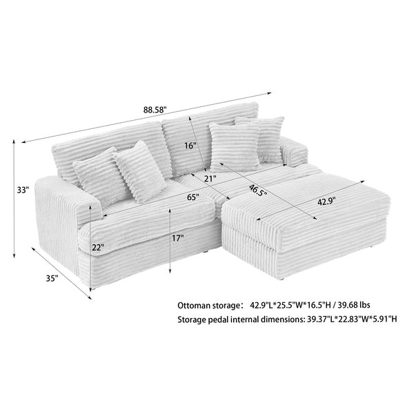 English Elm 88.58 Inch Black Corduroy Sofa - Cloud-Like Comfort With Storage Leg & 4 Pillows For Modern Spaces W3356S00009