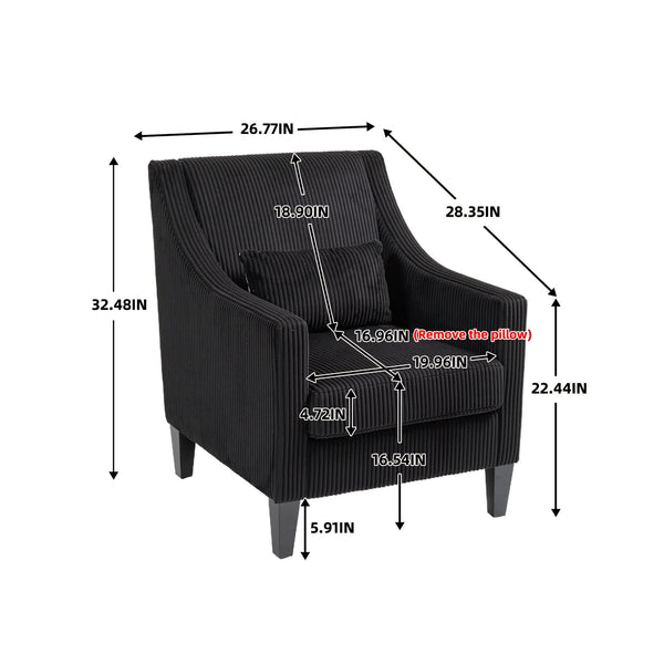 English Elm COOLMORE Modern Accent Chair with Corduroy Upholstery, Solid Wood Frame, Supportive Dual Pillows for Cozy Living Spaces Black W395P195364