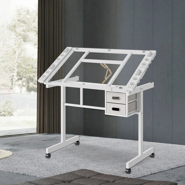 English Elm Adjustable Glass Top Drafting Table with Tilting Surface Fabric Storage and Locking Wheels White W347P449397