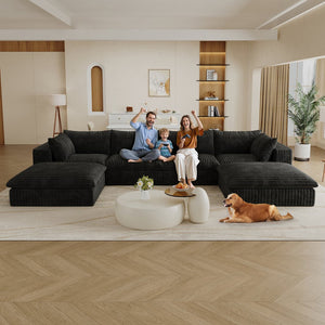 English Elm 157.6" Corduroy Modular Cloud Sofa Feather Fill Deep Lounge Seating for Living Room Black W2824S00184