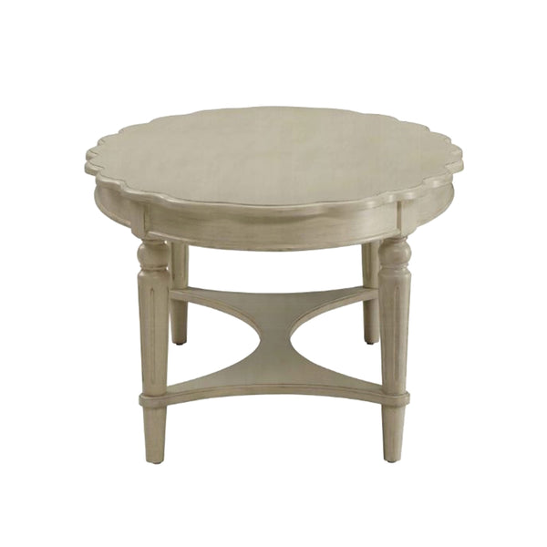 English Elm Oval Noble Scalloped Edge Coffee Table with Turned Tapered Legs and Bottom Shelf, Antique White Finish B016P310529