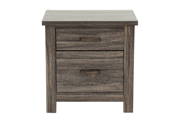 English Elm Natural Weathered Grey Nightstand with 2 Drawers, Mid-Century Tapered Legs, Black Groove Accents, 24"H HSESF00F5476