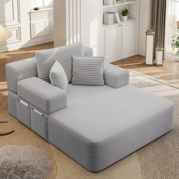 English Elm Luxurious Corduroy Convertible Chaise Lounge Sofa Bed with Foam Support for Apartments Light Grey W3219P449013