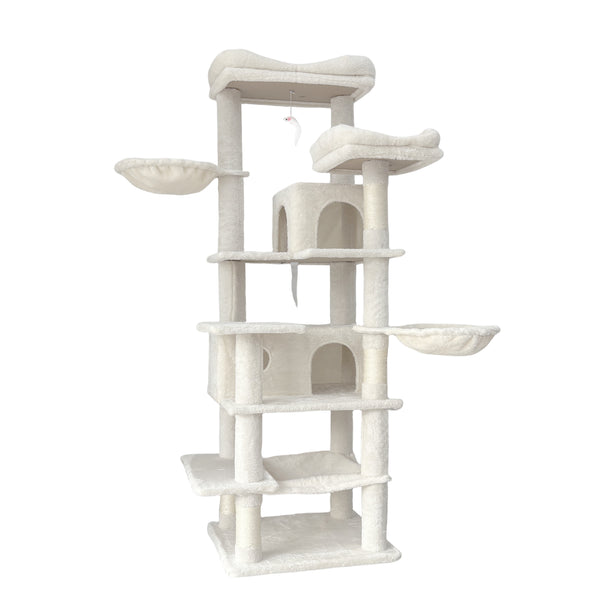 English Elm 68in Tall Six Level Plush Cat Tower with Sisal Posts Hammock Cave and Washable Perches Beige W243P326780