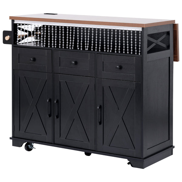 English Elm K&K 46.5'' Farmhouse Kitchen Island Cart with Beaded Drapes, Drop Leaf, Power Hub, Ample Storage Black N707P254872B