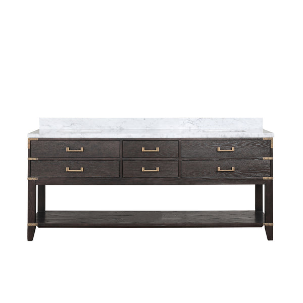 English Elm Brown Oak Double Bath Vanity 80" W With Elegant Carrara Marble Top & Ample Storage Solutions B2731P260329
