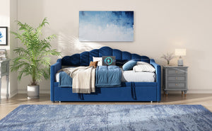 English Elm Upholstered Twin Daybed with Pop up Trundle Velvet Frame and Built in Usb Charging Blue N733S410648C