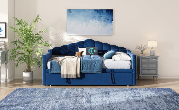 English Elm Upholstered Twin Daybed with Pop up Trundle Velvet Frame and Built in Usb Charging Blue N733S410648C