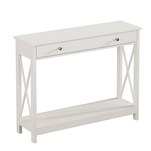 English Elm Console Farmhouse Console Table with Drawer and Open Shelves for Entryway Living Room Storage White T3771P356250