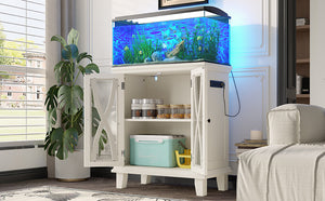 English Elm 20 Gallon Fish Tank Stand with Built-In Power Outlets & USB, Farmhouse Style Aquarium Cabinet with Adjustable Shelves and Heavy-Duty 298lb Tabletop Capacity Beige N704P350196A