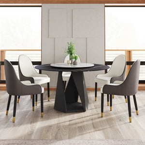 English Elm 53" Round Marble Dining Table With Lazy Susan, Black Iron Base, Seats 6 - Elegant & Durable Design W1535S00400