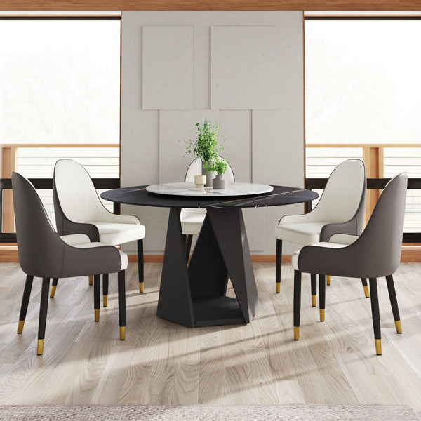 English Elm 53" Round Marble Dining Table With Lazy Susan, Black Iron Base, Seats 6 - Elegant & Durable Design W1535S00400