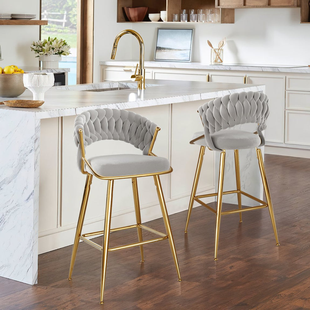 English Elm Counter Height Stools Set of 2 Mid-century Metal Legs Ergonomic Kitchen Island Seating Gray T3623P430869