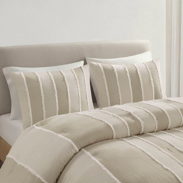English Elm 3 Striped Cotton Comforter Set Full/Queen with Clip Jacquard Trim, Hypoallergenic OEKO-TEX Certified Bedding taupe 22.83 L x 22.05 W x 9.84 H B035P268143