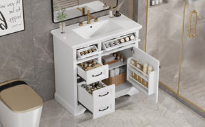 English Elm 36-Inch Modern Bathroom Vanity with Ceramic Basin, 4 Drawers & Soft-Close Door, Pre-Drilled Faucet Ready, Durable MDF and Solid Wood Construction (36"L x 18.3"W x 33.4"H) White N725P296118K