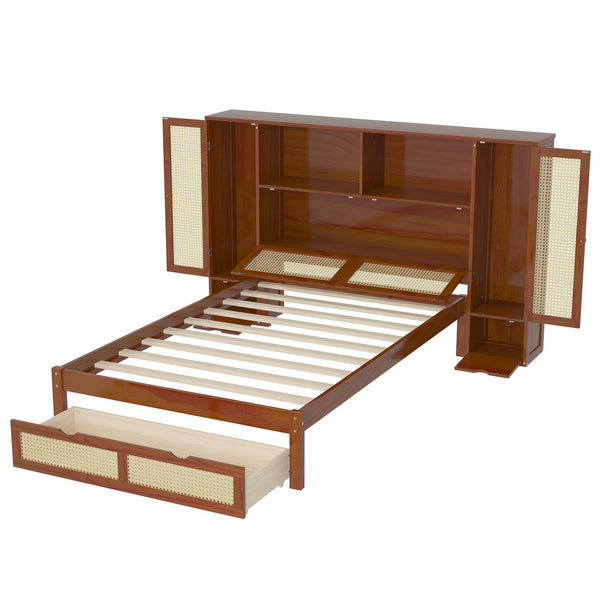 English Elm Twin Multifunctional Bed with Rattan Headboard Storage, Drawer & Shelves — Space-Saving Pine Design Walnut 50.4 L x 19.8 W x 5.5 H N733S241280D