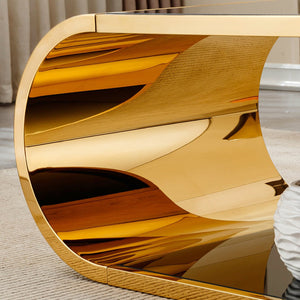 English Elm 57" Gold Stainless Oval Coffee Table with Black Tempered Glass, 2-Tier Storage, Modern Chic Design W3456S00027