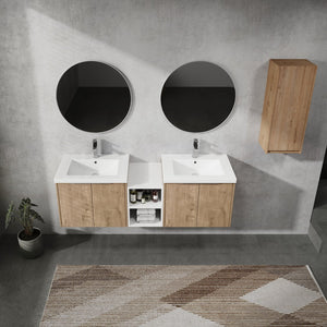 English Elm 60" Modern Wall-Mounted Bathroom Vanity Combo With Soft Close Doors, Dual Sinks & Side Cabinet Storage W999S00226