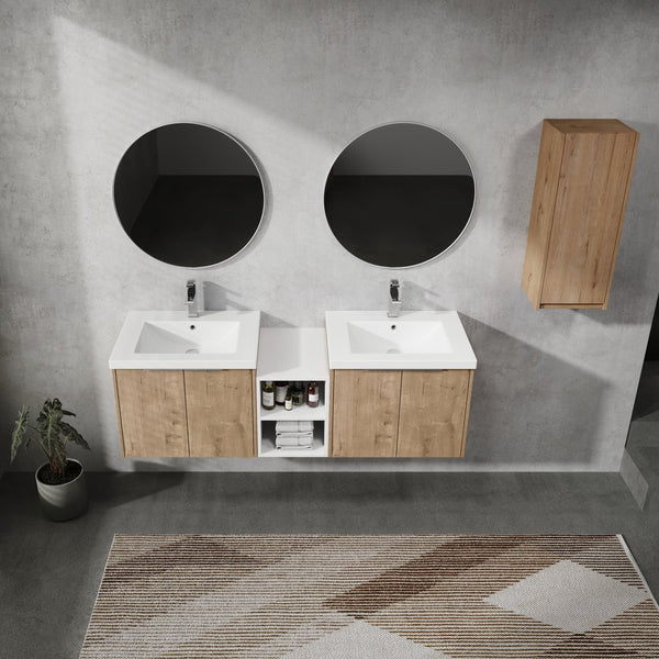 English Elm 60" Modern Wall-Mounted Bathroom Vanity Combo With Soft Close Doors, Dual Sinks & Side Cabinet Storage W999S00226