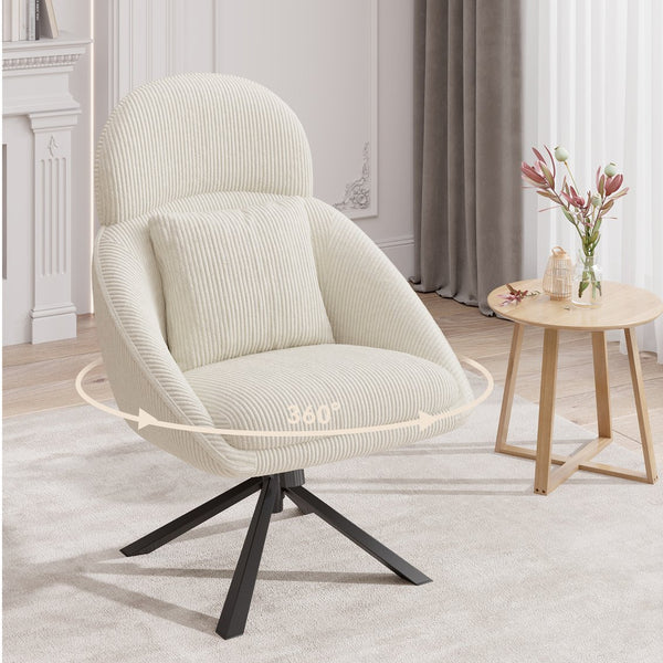 English Elm Modern Swivel Accent Chair with Adjustable Headrest, Oversized Corduroy Upholstered Rocking Recliner for Living Room Beige T3950P397486