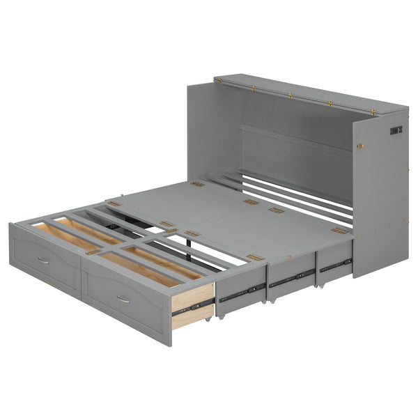 English Elm Queen Murphy Wall Bed with Drawers Usb Charging Ports Pulley Lift Mdf Cabinet Gray LP100671AAE-1