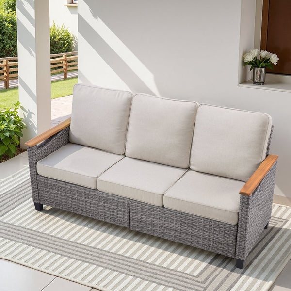 English Elm 73.2" Outdoor Handwoven Rattan 3 Seat Sofa with Olefin Cushions for Porch or Patio Beige T3773P418279