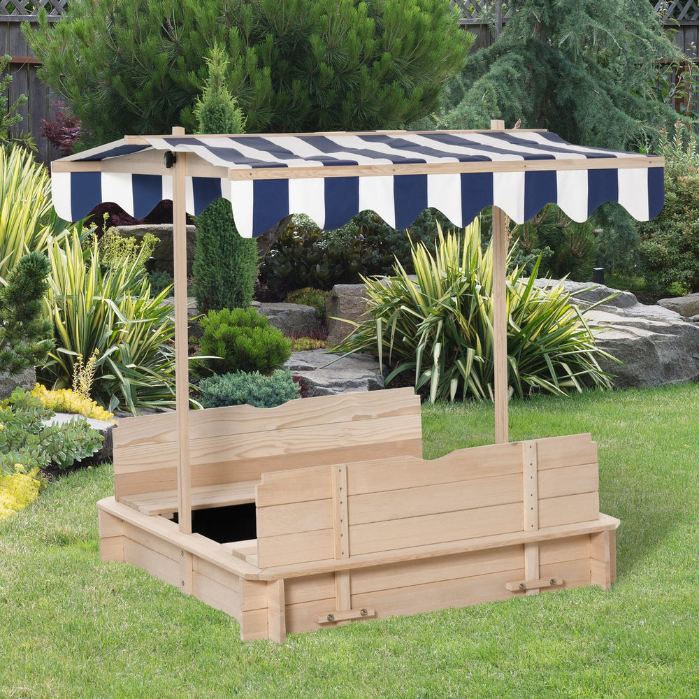 English Elm Outsunny Cedar Wood Kids Sandbox with Adjustable Canopy and Foldable Bench Seats W2225P200739