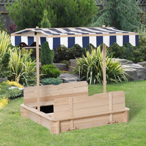 English Elm Outsunny Cedar Wood Kids Sandbox with Adjustable Canopy and Foldable Bench Seats W2225P200739
