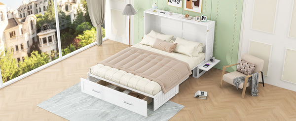 English Elm Queen Mobile Murphy Bed with Drawers & Side Shelves, White Fold-Up Queen Wall Bed for Guests SM000317AAK
