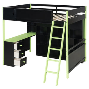 English Elm Full Size Gaming Loft Bed with Led Lighting Desk Drawers and Display Shelving Green LT000263AAF
