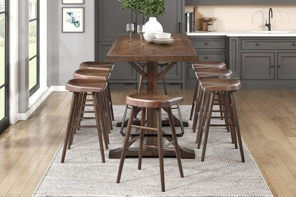 English Elm Brown Acacia Wood Pub Height Dining Set Seats Eight with Saddle Stools Industrial Accents B011S02270