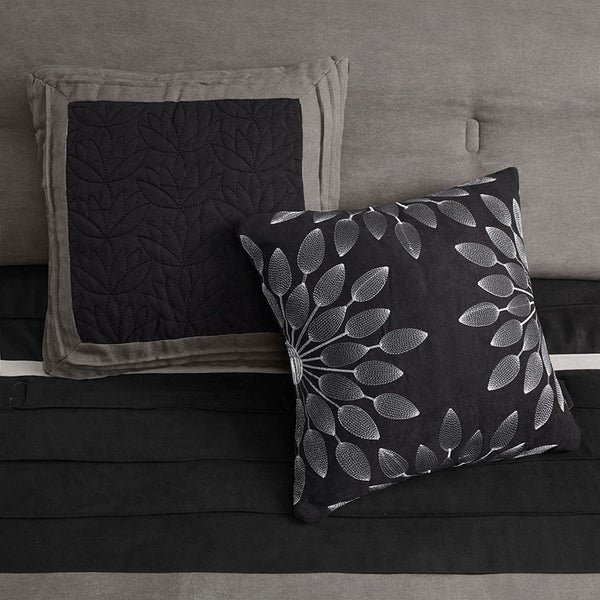 English Elm 7 Pc Madison Park Palmer Faux Suede Comforter Set In Black & Grey - Stylish Cal King Bedding Ensemble B03596986