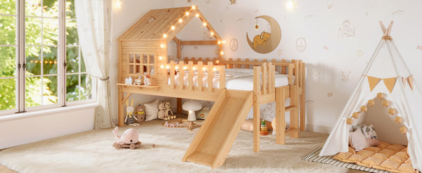 English Elm Twin Playhouse Loft Bed Solid Pine Frame with Slide Led Lights and Star Roof Natural W5316S00002