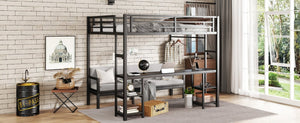 English Elm Queen Metal Bunk Bed With Desk & Usb, Versatile Loft Design Folds To Sofa, Led Lighting, Black W1580S00086-GIGA