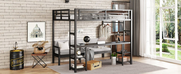 English Elm Queen Metal Bunk Bed With Desk & Usb, Versatile Loft Design Folds To Sofa, Led Lighting, Black W1580S00086-GIGA
