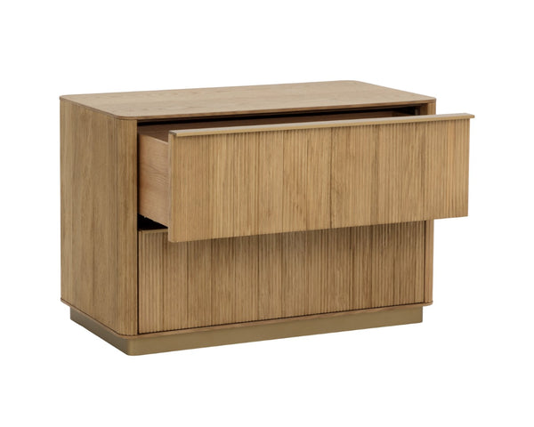 Sunpan KALLA Nightstand - Large Rustic Oak with Textured Vertical Reeding & Sleek Gold Steel Base Design 112408