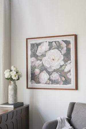 English Elm 39.4x39.4" Hand-painted Floral Canvas White Rose Art in Distressed Pine Frame W2078P481780