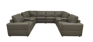 English Elm Premium Leather Match L-shaped Sectional with Dual Recliners and Built-in Console Olive Green B2748S00162