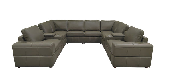 English Elm Premium Leather Match L-shaped Sectional with Dual Recliners and Built-in Console Olive Green B2748S00162