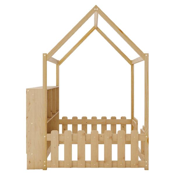 English Elm Twin House Bed with LED Light and Built-In Bookshelf, Solid Wood Playhouse Design for Kids Safety Natural 78.15 L x 15.75 W x 6.1 H W2593P269092