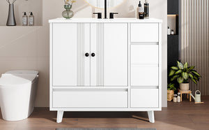 English Elm 36" Freestanding Bathroom Vanity Solid Wood Cabinet Ceramic Basin Four Drawers White W1580P382510
