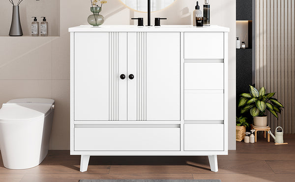 English Elm 36" Freestanding Bathroom Vanity Solid Wood Cabinet Ceramic Basin Four Drawers White W1580P382510