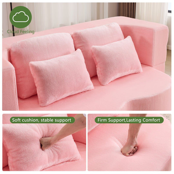 English Elm Queen Foldable Sofa Bed with Plush Chenille Cover, High-Density Foam Convertible Futon for Living Room Guest Room Bedroom Pink W1829P348205